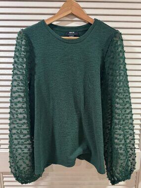 Anthropologie Maeve Forest Green Swiss Dot Puff Sleeve Knit Top Large - Flaw